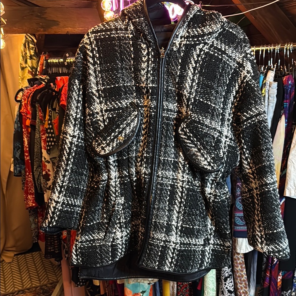 Black and White Plaid Teddy Jacket for Cold Weather reversible